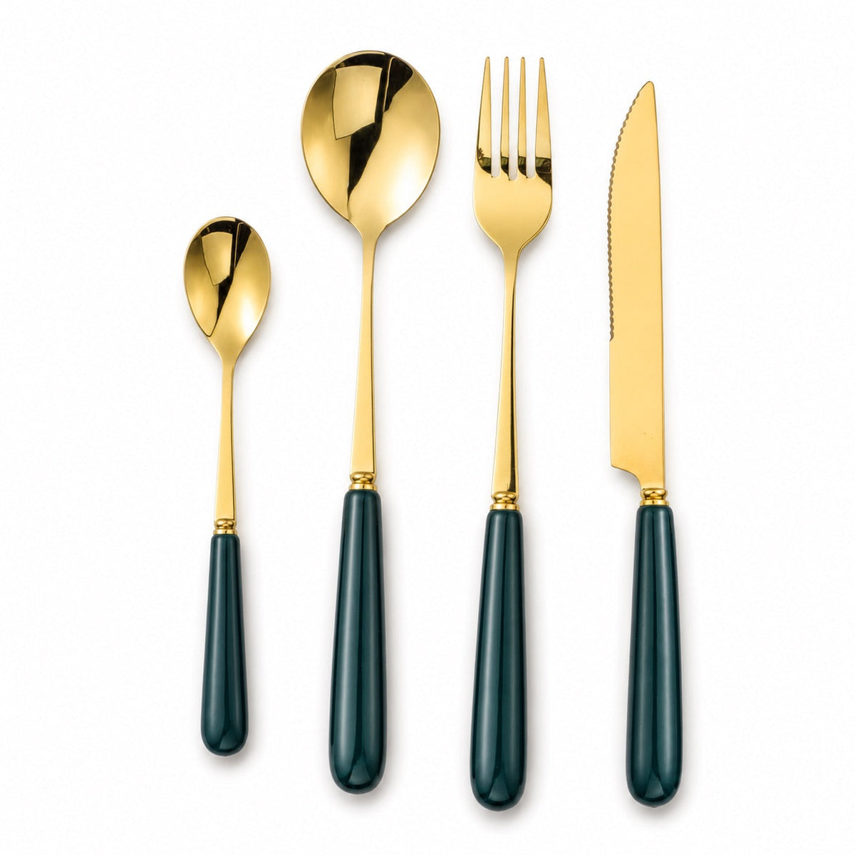 A set of 16 gold cutlery pieces with forest green handles from KitchBoom's Aldermere cutlery set, including knives, forks, and spoons.