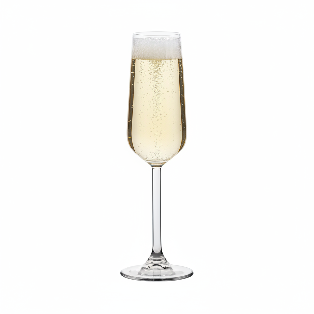 Set of six Allegra Champagne Flutes by Glassware UK, 200ml each, with clear glass and elegant tall stems.