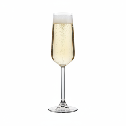 Set of six Allegra Champagne Flutes by Glassware UK, 200ml each, with clear glass and elegant tall stems.