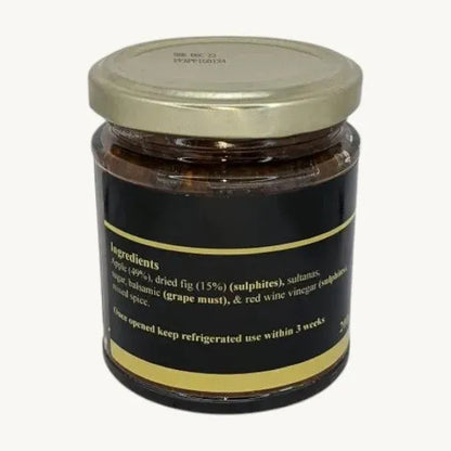 Friars Farm Apple & Fig Chutney jar, showcasing the rich, fruity blend with fresh apple and fig pieces in a glass jar.