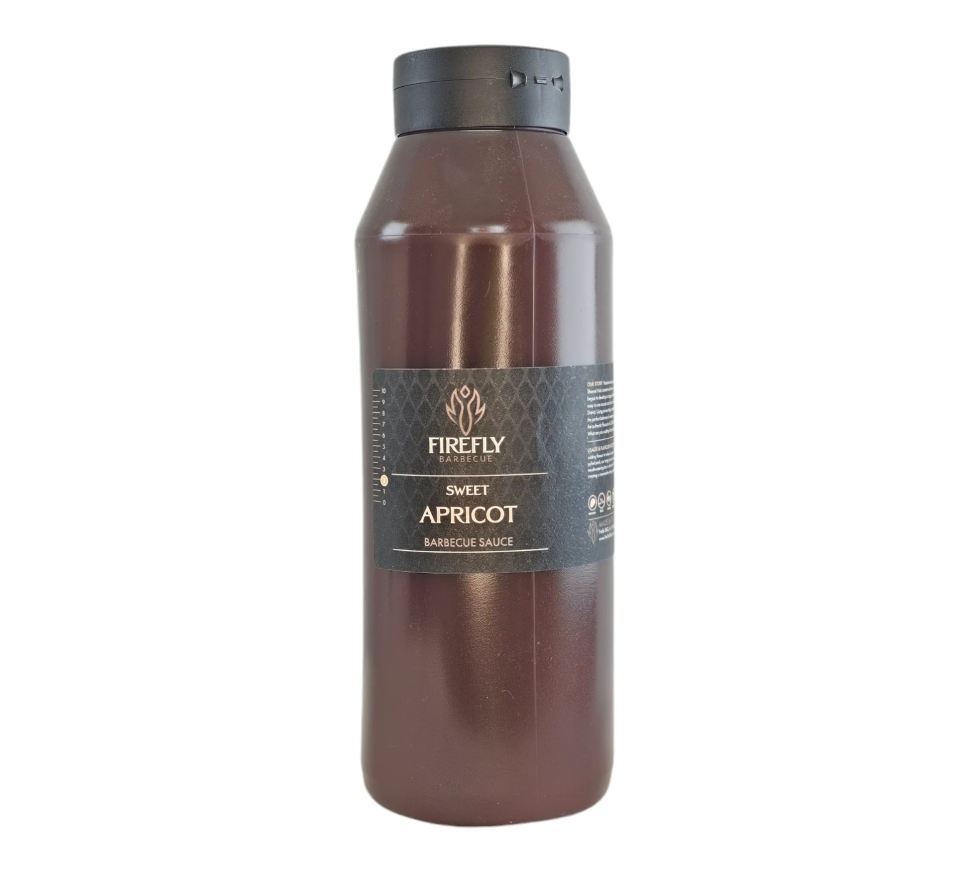 FireFly Barbecue Sweet Apricot BBQ Sauce in a glass bottle, showcasing its golden color and rich apricot flavor.