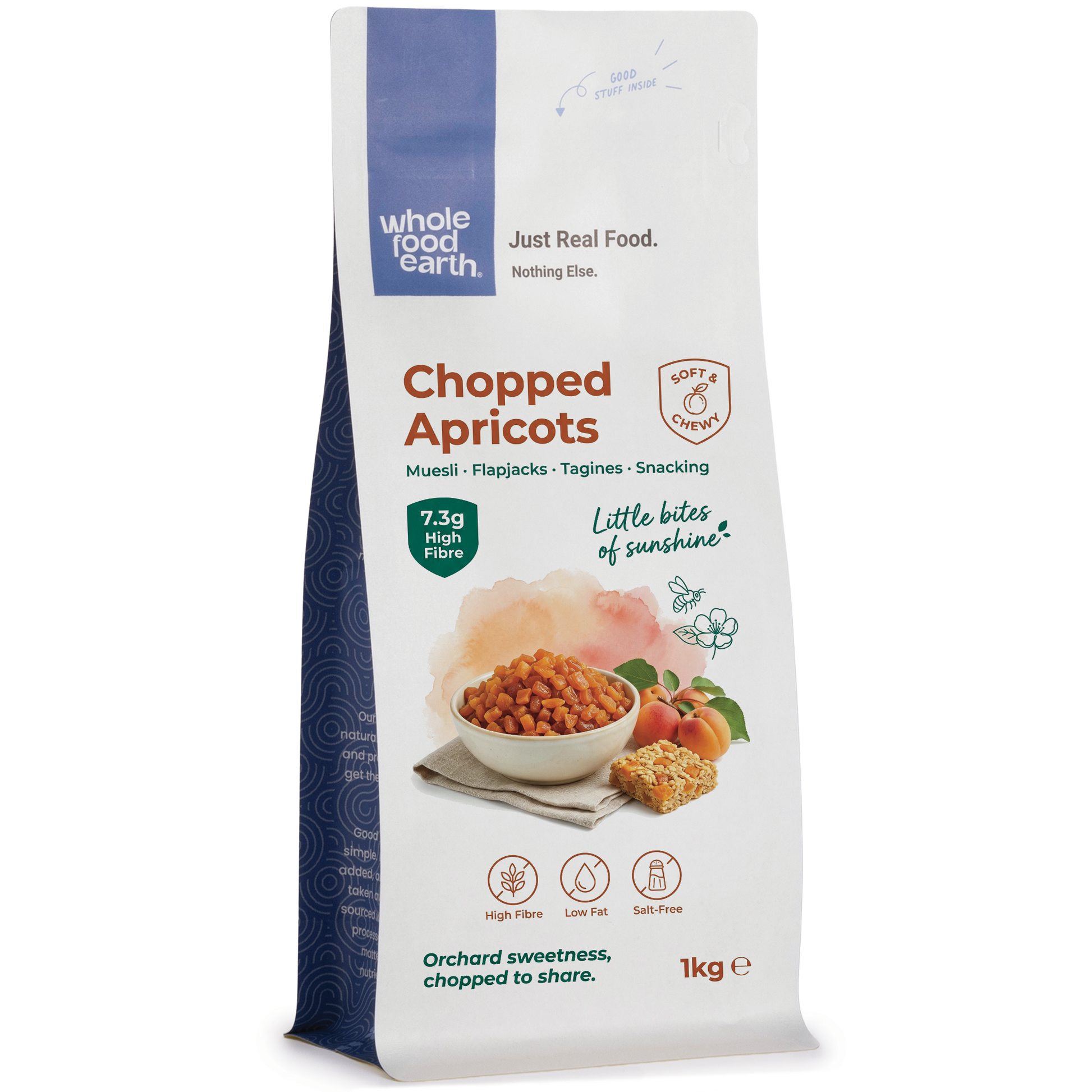 Dried chopped apricots from Whole Food Earth in a 1kg pouch, showcasing bright orange, sliced apricots for snacking or baking.