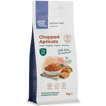 Dried chopped apricots from Whole Food Earth in a 1kg pouch, showcasing bright orange, sliced apricots for snacking or baking.