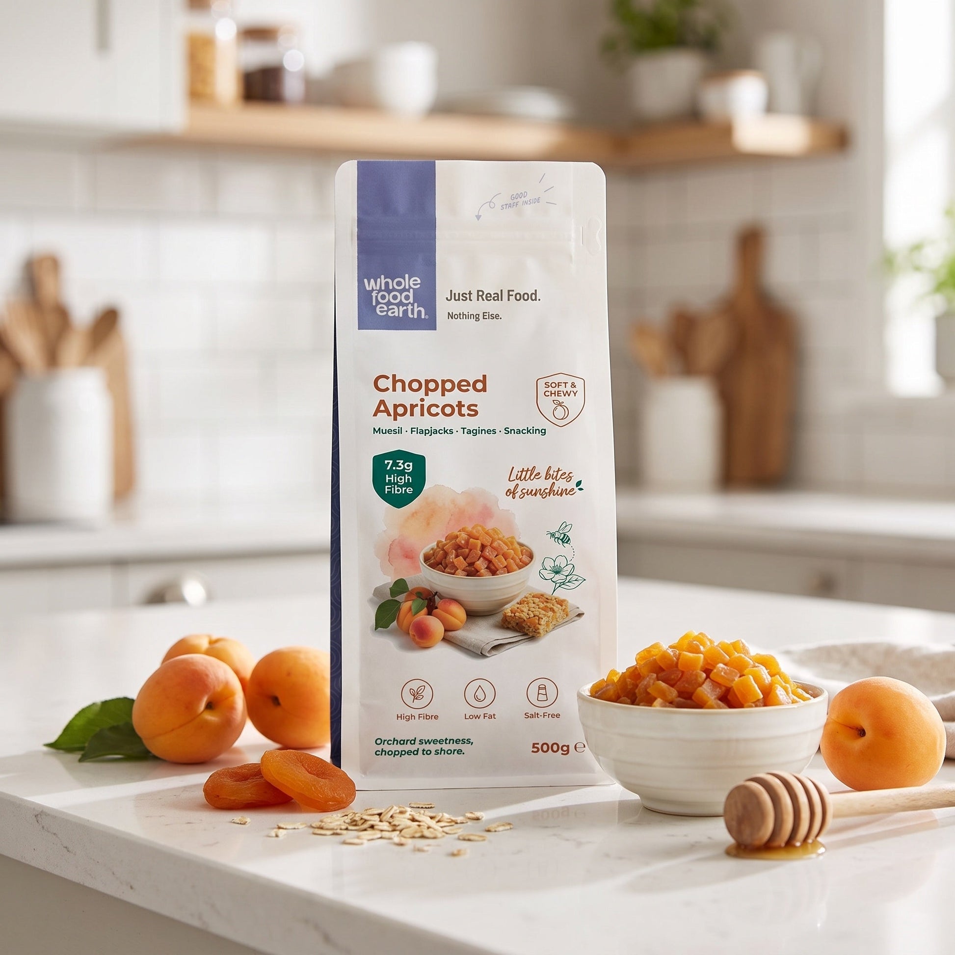 Dried chopped apricots from Whole Food Earth, showcasing small, orange dried fruit pieces on a neutral background.