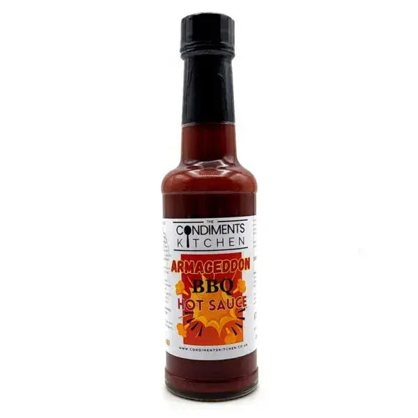 Bottle of Armageddon BBQ Hot Sauce from The Condiments Kitchen, featuring a dark label and spicy, flavorful hot sauce inside.