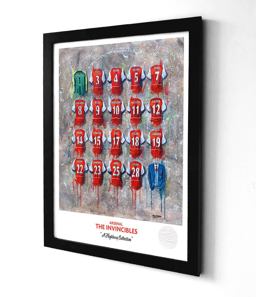 Limited edition Arsenal Invincibles A3 framed print by Terry Kneeshaw, featuring the iconic 2003/04 shirt collection.
