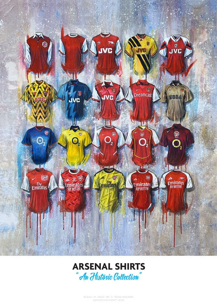 Arsenal Shirts 2024 signed limited edition print by Terry Kneeshaw Art, featuring detailed artwork of the team shirt design.
