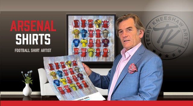 Arsenal Shirts 2024 limited edition A2 signed print by Terry Kneeshaw Art, featuring detailed artwork of the football shirts.