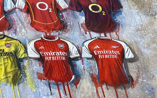 Limited edition A2 signed print of Arsenal Shirts 2024 by Terry Kneeshaw Art, featuring detailed artwork of the football jerseys.