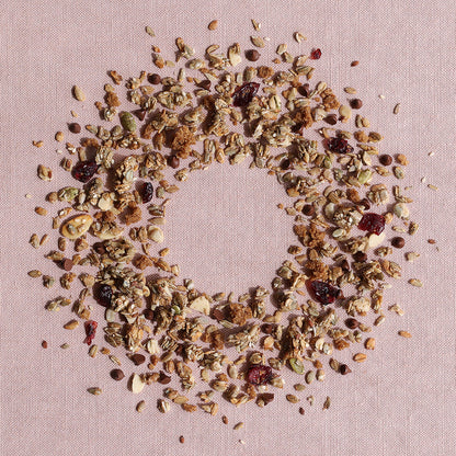 Chocolate Ryeola - all rye granola with rye flakes, toasted pieces of rye bread, cranberries, almonds, seeds & dark chocolate chips