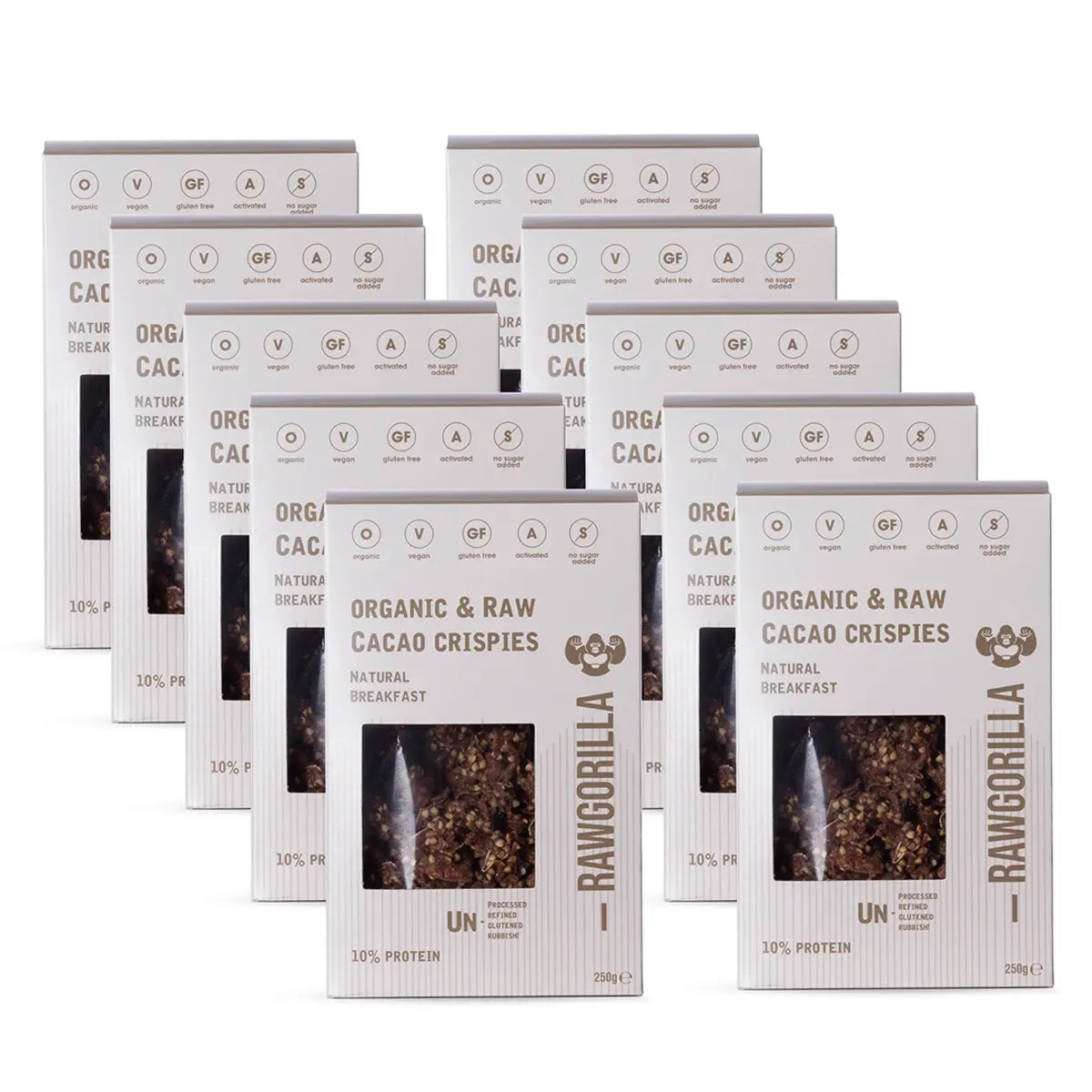 Whole Food Earth Cacao Crispies breakfast cereal in 250g pack, featuring crunchy cacao-flavored grains from RAWGORILLA.
