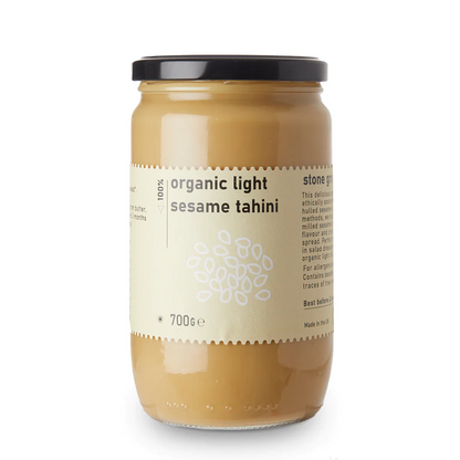 Organic Light Sesame Tahini spread from Whole Food Earth, showcasing a smooth, creamy sesame paste in a jar.