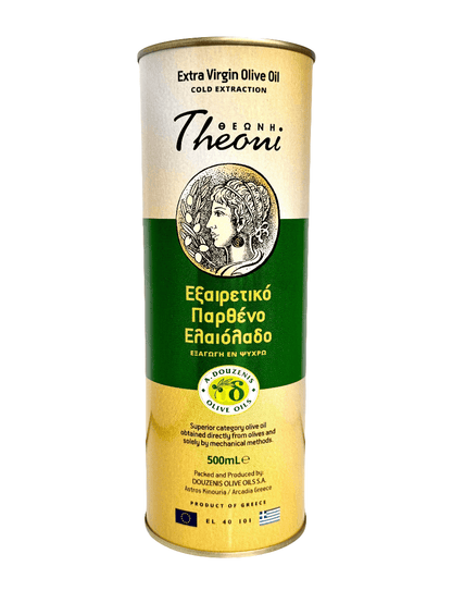 Theoni extra virgin olive oil 500ml bottle from The Greek Deli Club, with a dark glass bottle and olive branch label.