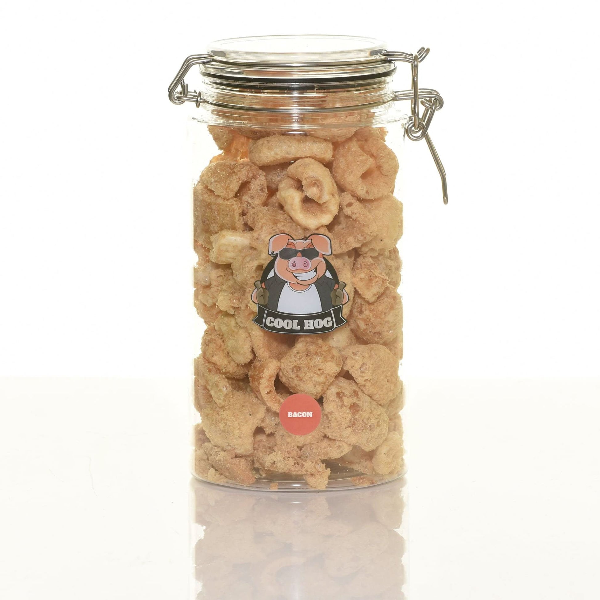 Bacon flavor pork scratching jar by Cool Hog Snacks, showing the jar filled with crispy pork snacks with bacon flavor.