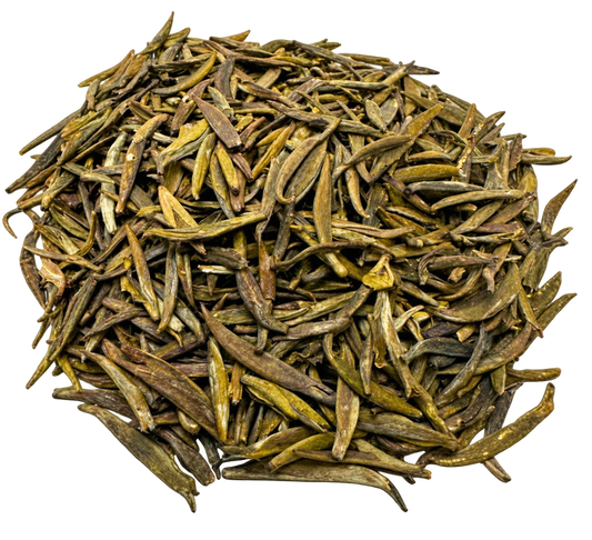 Transparent image of Porter Hill Tea Company's Badaling Yellow Green Tea in a clear container, showcasing fresh, dried tea leaves.
