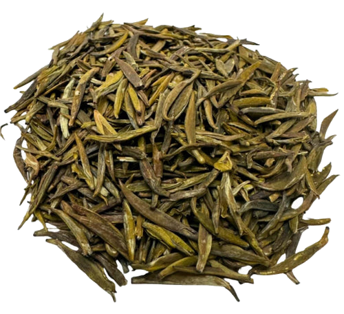Porter Hill Tea Company's Badaling Yellow Tea, green tea in a transparent package, showcasing fresh yellow-green tea leaves.