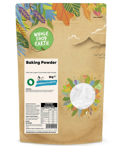 Whole Food Earth high-strength baking powder, a mineral salt product, shown in a clear container with a white background.