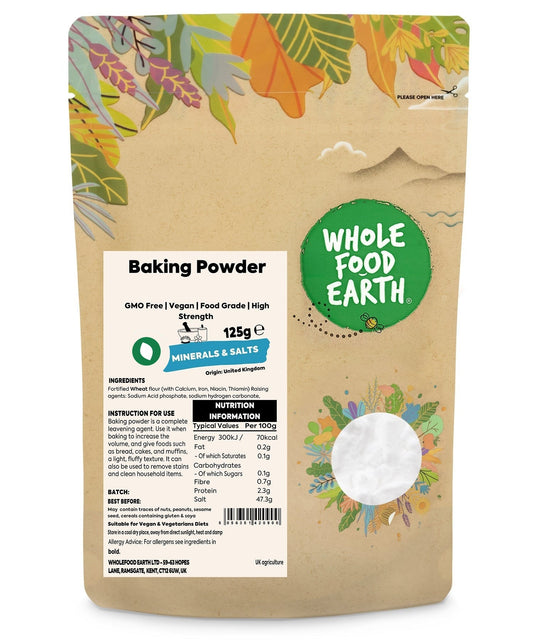 High strength baking powder from Whole Food Earth, a mineral and salt product used in baking and cooking.