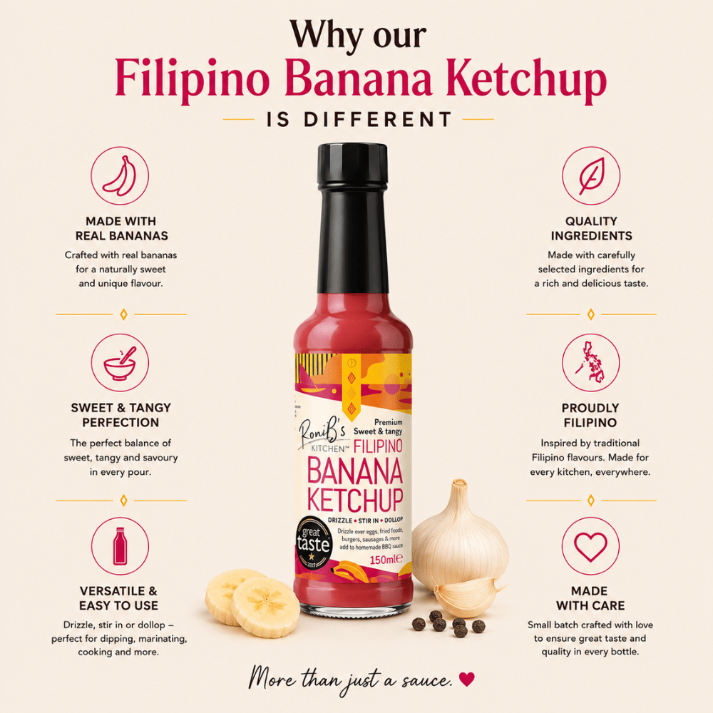Bottle of RoniBs Kitchen Filipino-style banana ketchup, showcasing its smooth, sweet and tangy sauce in a clear glass bottle.