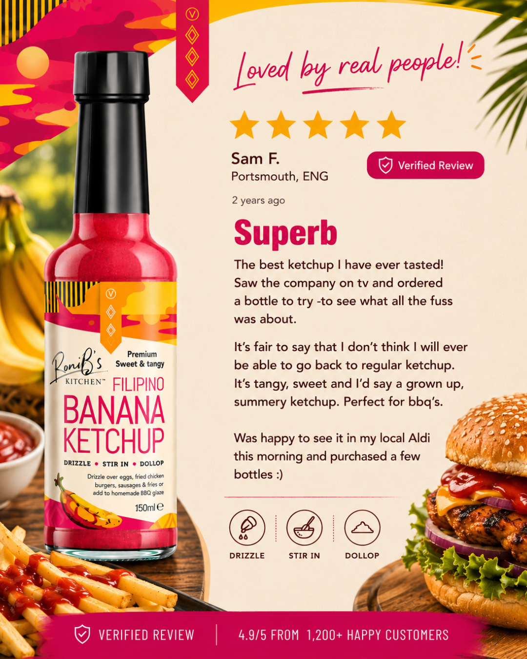 RoniBs Kitchen Filipino style banana ketchup bottle with vibrant label, showcasing its sweet and tangy flavor profile.