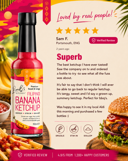RoniBs Kitchen Filipino style banana ketchup bottle with vibrant label, showcasing its sweet and tangy flavor profile.