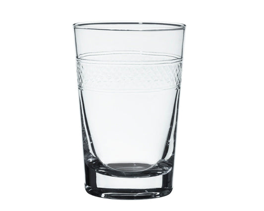 Crystal tumblers with colorful bands design by The Vintage List, showcasing elegant glassware with vibrant band accents.