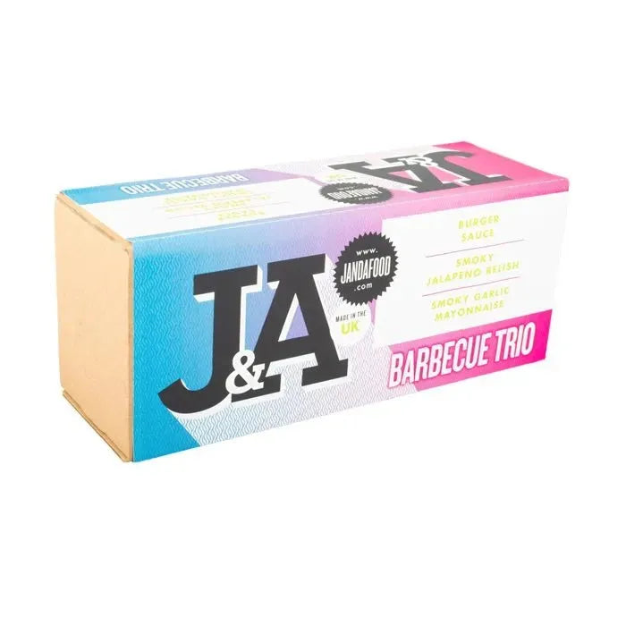 Janda Barbecue Trio gift box with three different barbecue sauces and spices arranged inside the box.