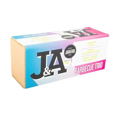 Janda Barbecue Trio gift box with three different barbecue sauces and spices arranged inside the box.