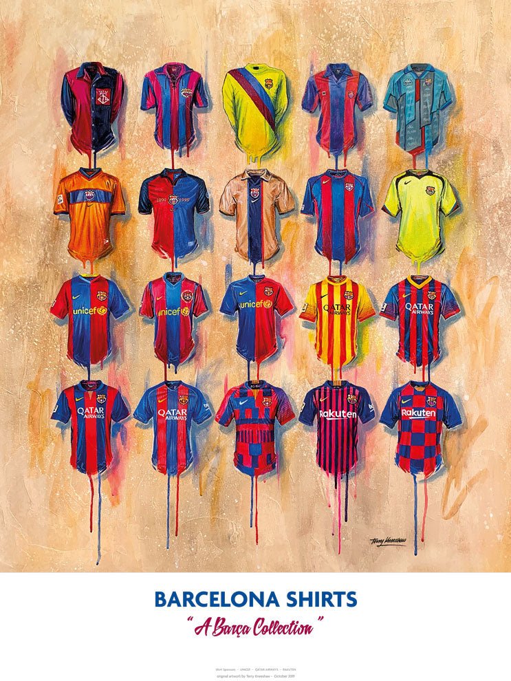 Limited edition Barcelona A2 print by Terry Kneeshaw Art featuring signed Barca shirt artwork.