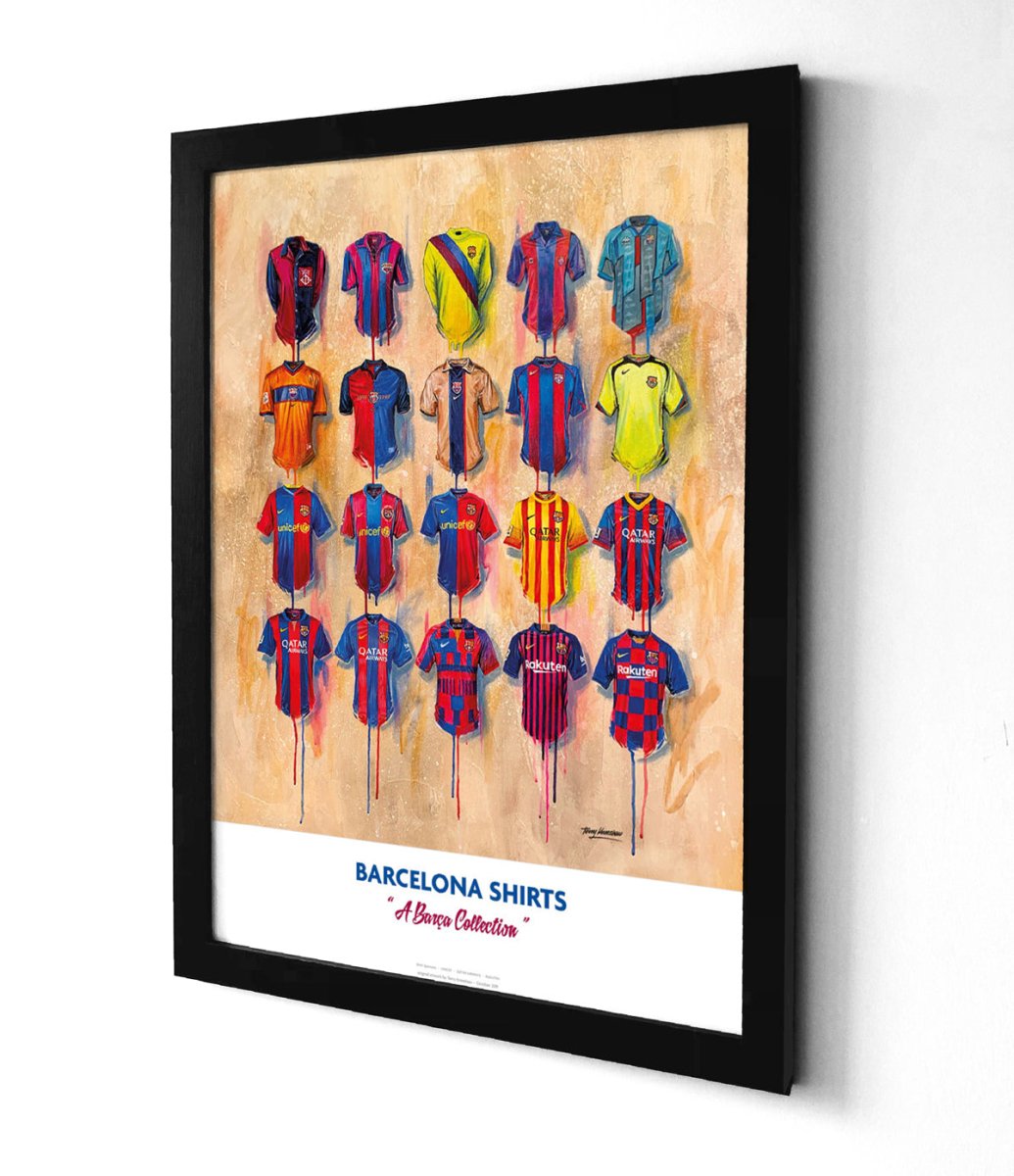 Limited edition Barcelona A2 print by Terry Kneeshaw Art featuring signed Barca shirt artwork in a vibrant design.