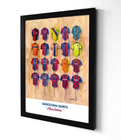 Limited edition Barcelona A2 print by Terry Kneeshaw Art featuring signed Barca shirt artwork in a vibrant design.
