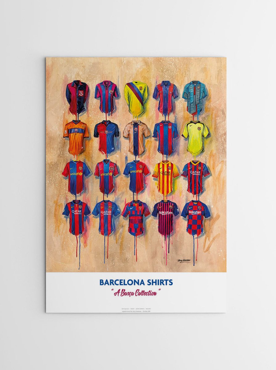 Limited edition Barcelona FC print by Terry Kneeshaw featuring signed artwork of classic Barca shirts.