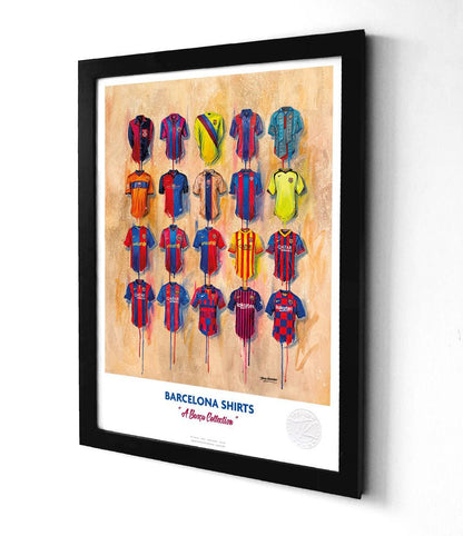 Limited edition A3 framed print of Barcelona football shirts by Terry Kneeshaw Art featuring vibrant team imagery.