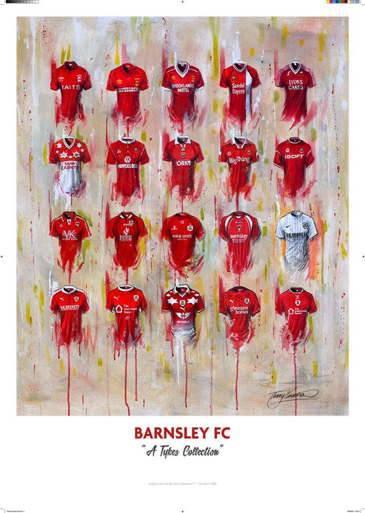 Limited edition print of Barnsley FC shirt history artwork by Terry Kneeshaw, showcasing football shirt art in vibrant detail.