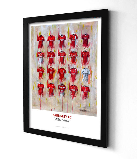 Limited edition print of Barnsley FC shirt history artwork by Terry Kneeshaw, showcasing vintage football shirt design and art details.