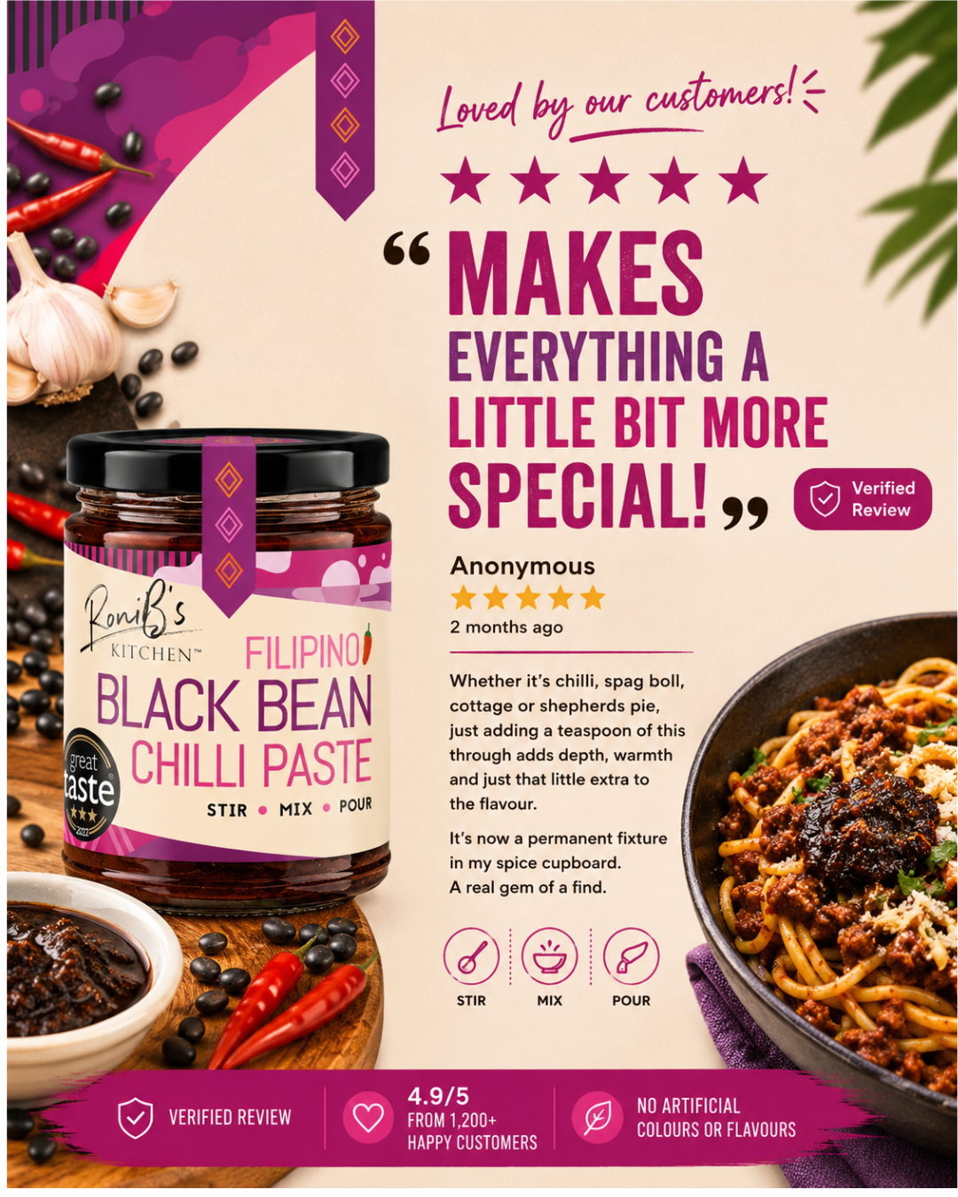 RoniBs Kitchen Filipino Black Bean Chilli Paste hot sauce in a jar, showcasing its rich dark color and vibrant label design.