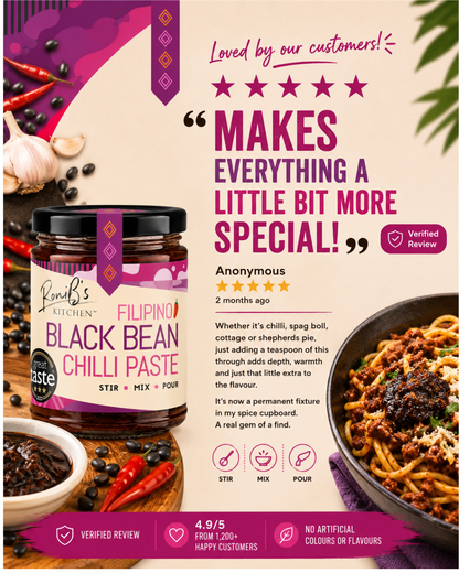 RoniBs Kitchen Filipino Black Bean Chilli Paste hot sauce in a jar, showcasing its rich dark color and vibrant label design.