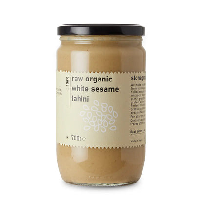 Creamy white sesame tahini from Whole Food Earth, used as a dip or spread, made from raw organic white sesame seeds.