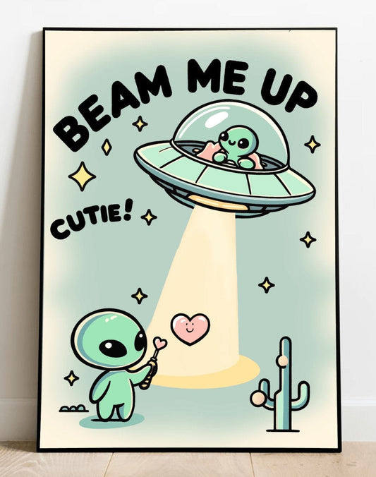 Colorful KEOLIX "Beam Me Up, Cutie" print featuring vibrant space-themed artwork on high-quality paper.
