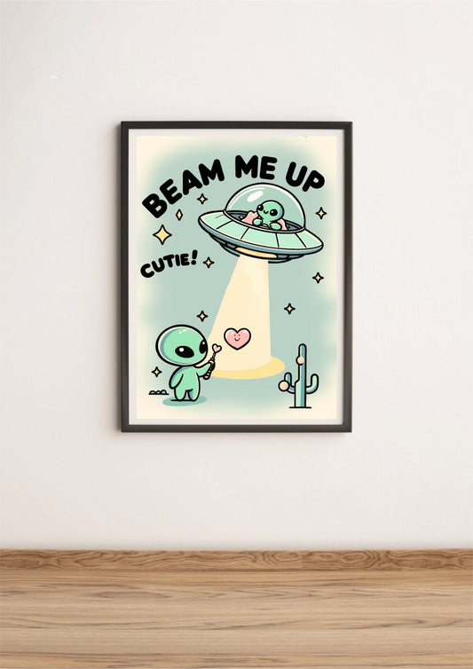 Colorful KEOLIX "Beam Me Up, Cutie" print featuring a whimsical space-themed design on high-quality paper.