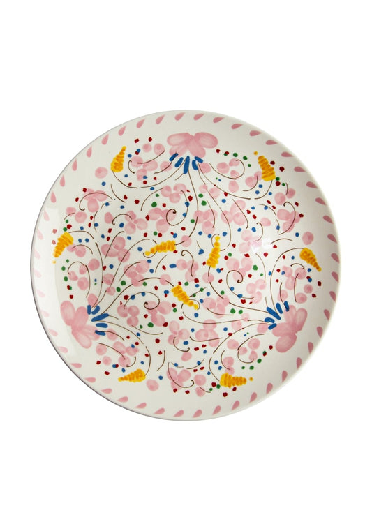 Set of six Casa by Josephine Jenno Beatrice Pink Deruta Style dinner plates with intricate floral designs.