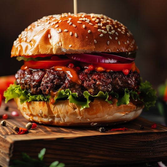 Cooked Cornish grass-fed beef burgers from Primrose Herd, showcasing juicy, well-grilled beef patties on a plate.