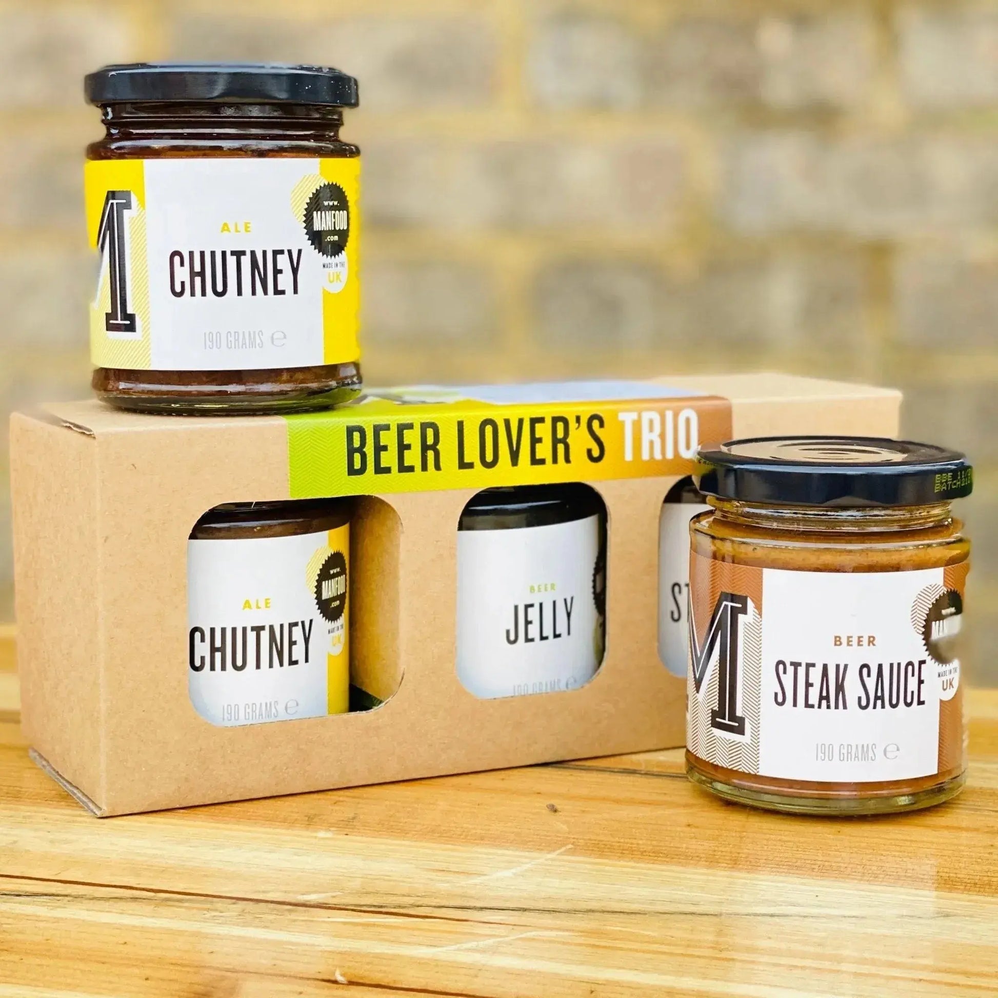 Manfood Beer Lover’s Trio gift box with three craft beers and branded packaging, perfect for beer enthusiasts.