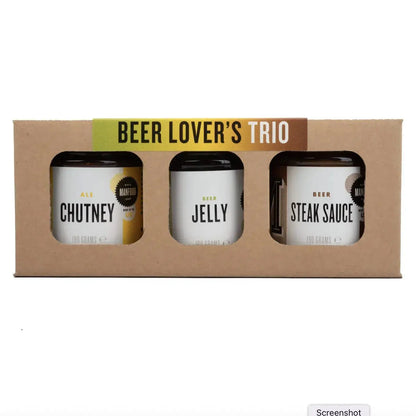 Manfood Beer Lover’s Trio gift box with three assorted craft beers and snacks, perfect for beer enthusiasts.