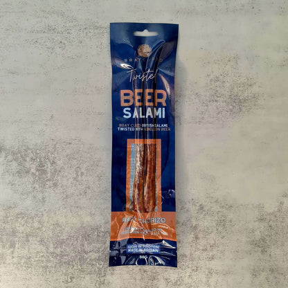 Bray Cured Beer Salami charcuterie pack with hazy chorizo slices arranged for display