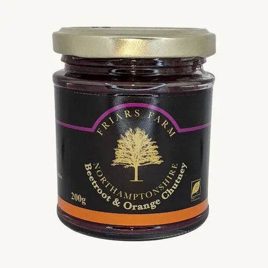 Friars Farm Beetroot & Orange Chutney jar showing the label and fresh ingredients on the front of the 200g chutney product.