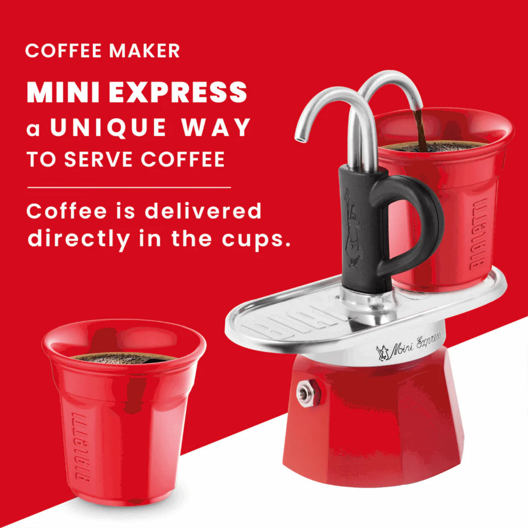 Red Bialetti Mini Express 'R' double serve coffee maker with two cups, compact Bialetti hardware for brewing espresso.