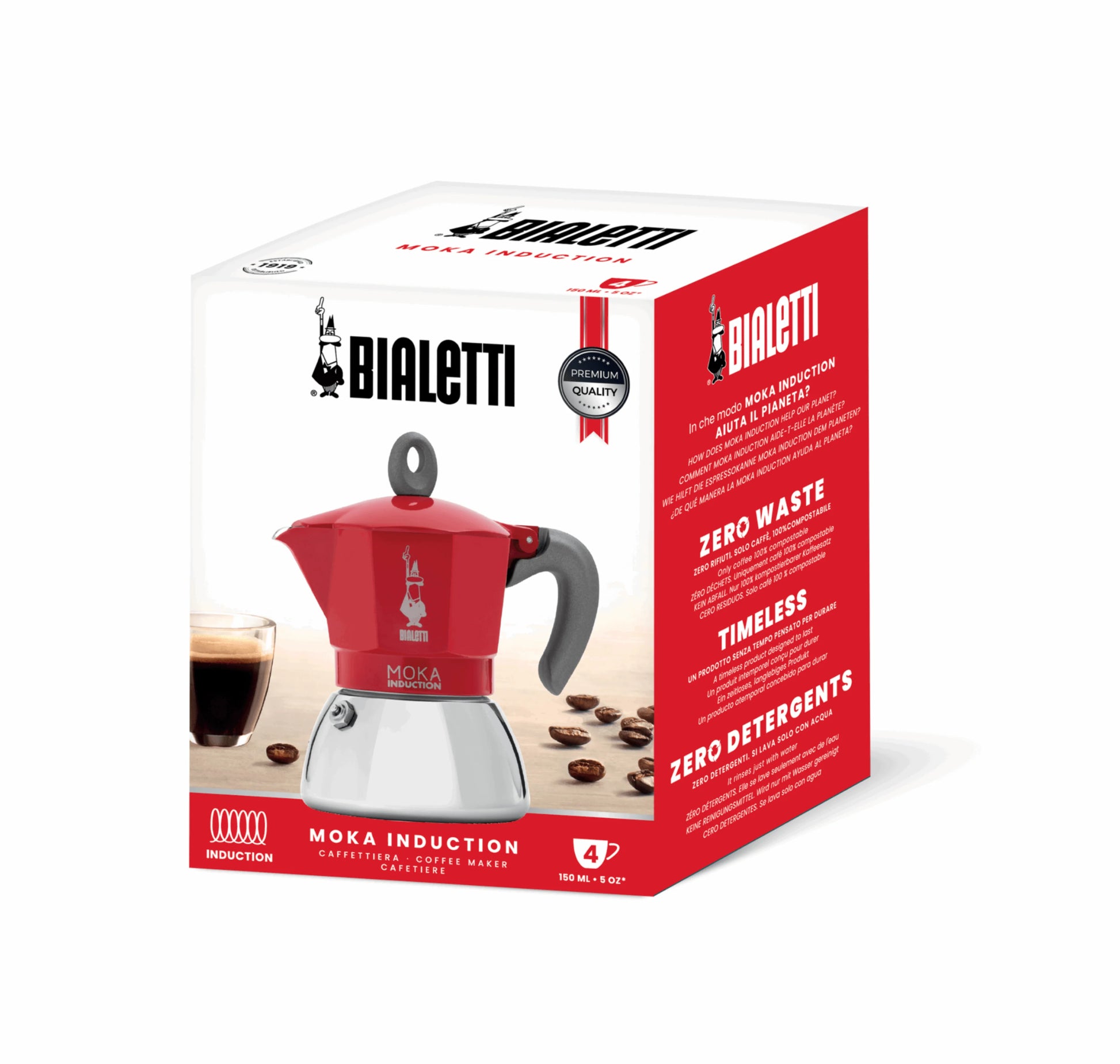 Bialetti Brew Italia Moka Induction stovetop coffee maker in packaging, designed for brewing rich espresso-style coffee on induction stoves.