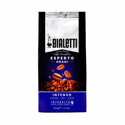 Bialetti Coffee Brew Italia whole bean coffee with Intenso roast, showing dark roasted coffee beans in a close-up image.
