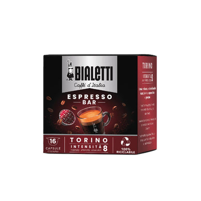 Bialetti Caffe’ d’Italia Gioia coffee capsules by Brew Italia, compatible with Bialetti coffee machines, in colorful packaging.